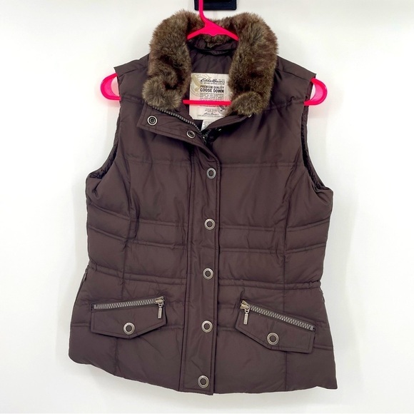 Eddie Bauer Goose Down Vest with Faux Fur Collar – Brown, Size Small - Picture 1 of 12